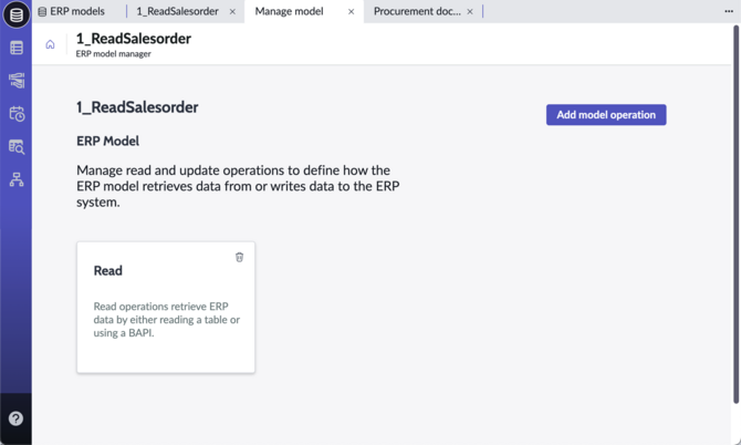 O botão Adicionar operação de modelo aparece na página do gerenciador de modelos do ERP