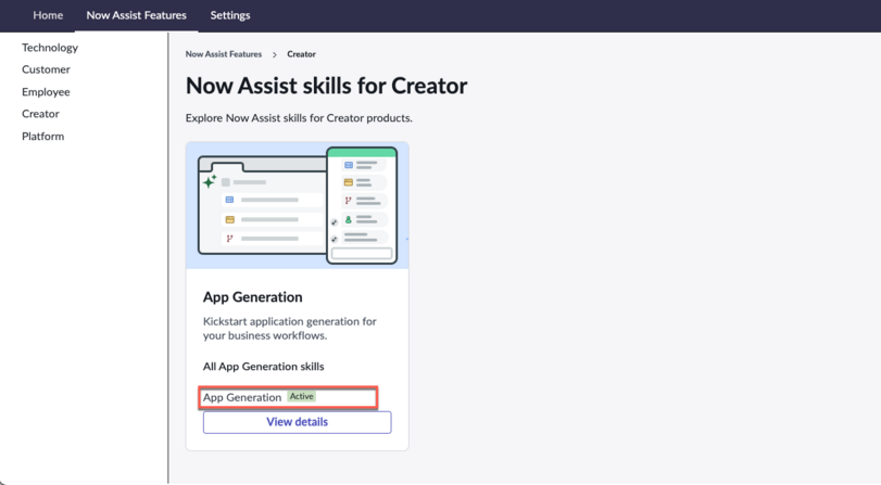 Cartão de geração de app que exibe a habilidade de geração de app no console Administrador do Now Assist.