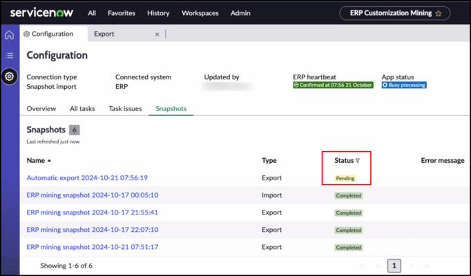 Lista de snapshots com uma exportação automática listada no estado pendente.