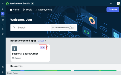 Página inicial do ServiceNow Studio com um app criado recentemente com o Now Assist para geração de apps em destaque.