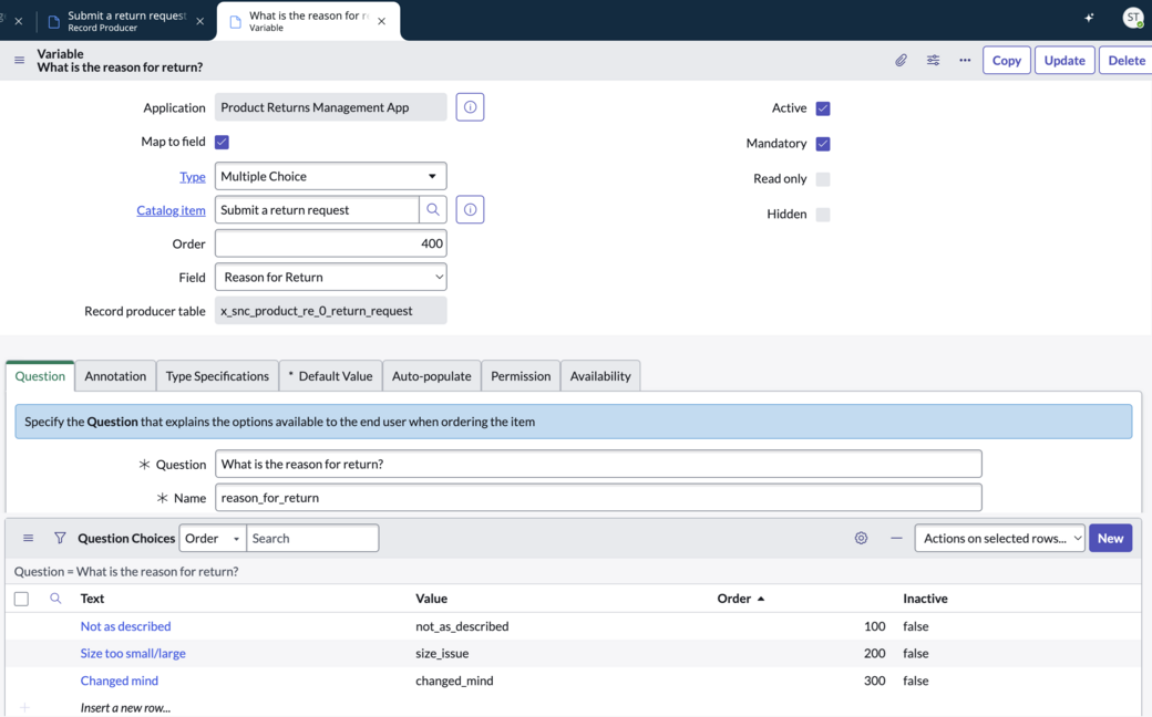 Guia do ServiceNow Studio mostrando detalhes do produtor de registro.