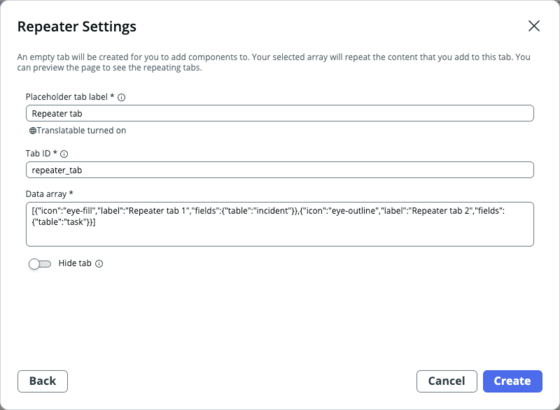Configurações do repetidor com uma matriz de dados personalizada.