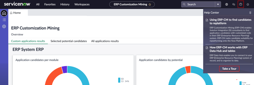 Painel da página inicial de Mineração de personalização do ERP com a opção de mostrar ajuda e o botão Fazer um tour realçado.