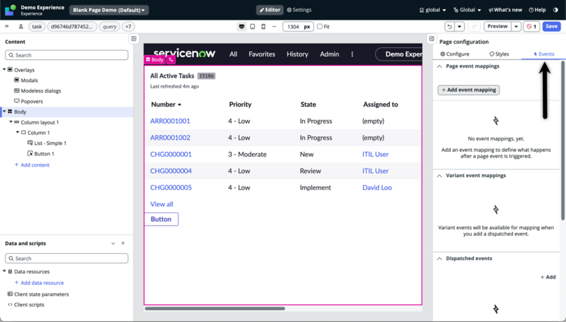 Painel de configuração com a guia Eventos.