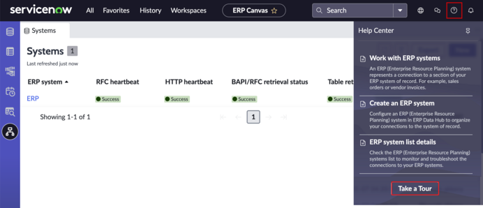 Página de sistemas do Quadro de ERP com a opção de mostrar ajuda e o botão Fazer um tour realçado.