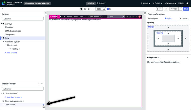 Seta apontando para o botão de client scripts na barra lateral.