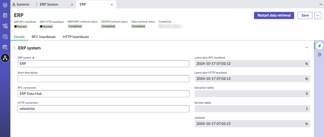 Quadro de ERP Página de sistemas com status de pulsação de RFC e HTTP.