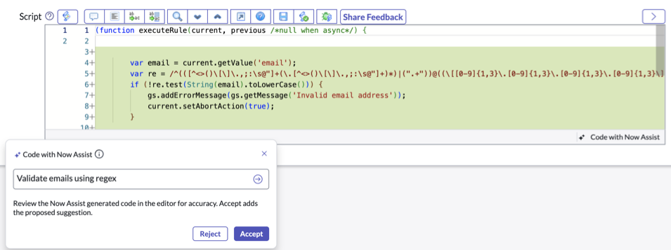 Caixa de diálogo Codificar com o Now Assist com o texto "Validar e-mails usando regex" e uma sugestão de código no editor de script.