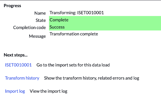 Bestätigungsmeldung mit Status „Abgeschlossen“ und Abschlusscode „Erfolg“, wenn der Import ohne Fehler abgeschlossen ist.