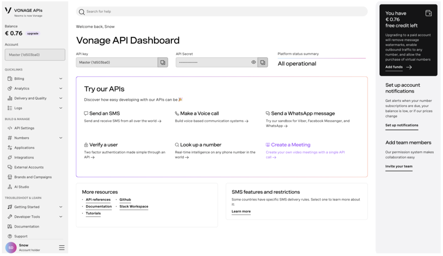 Tableau de bord de l’API Vonage