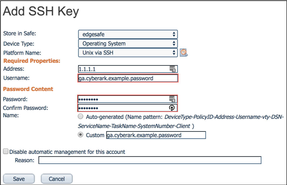 Page Ajouter une clé SSH de CyberArk