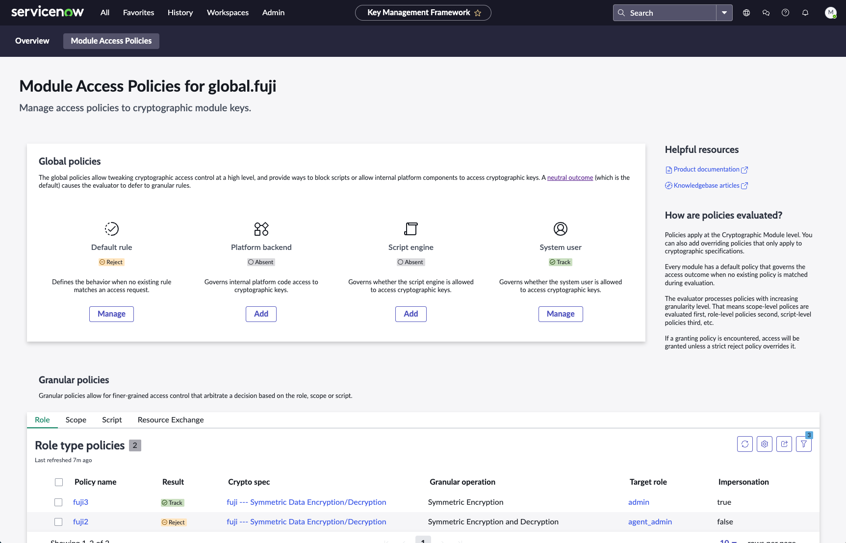 Page de l’interface utilisateur de visualisation de la politique d’accès au module