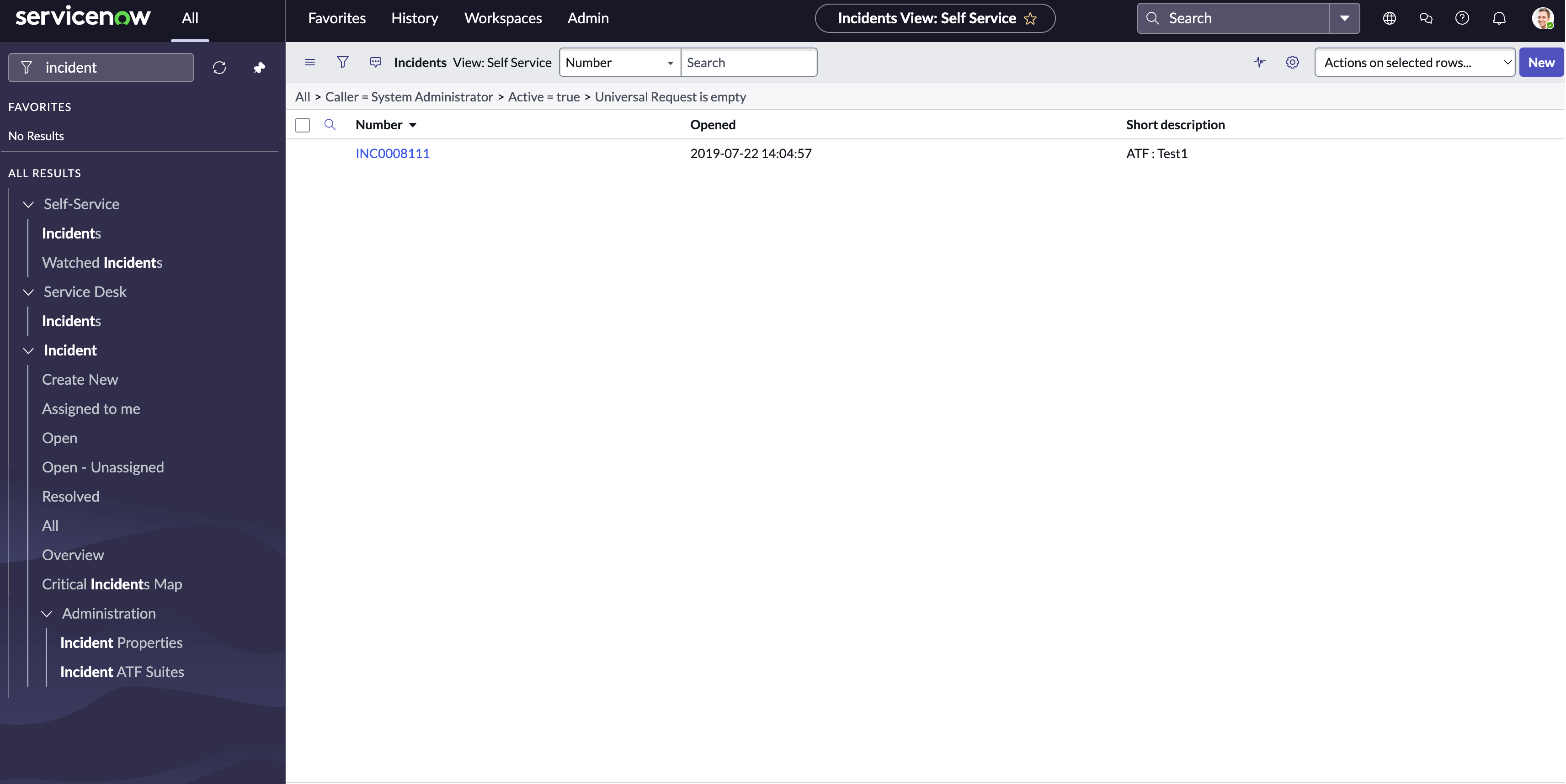 Table d’incidents après une connexion réussie