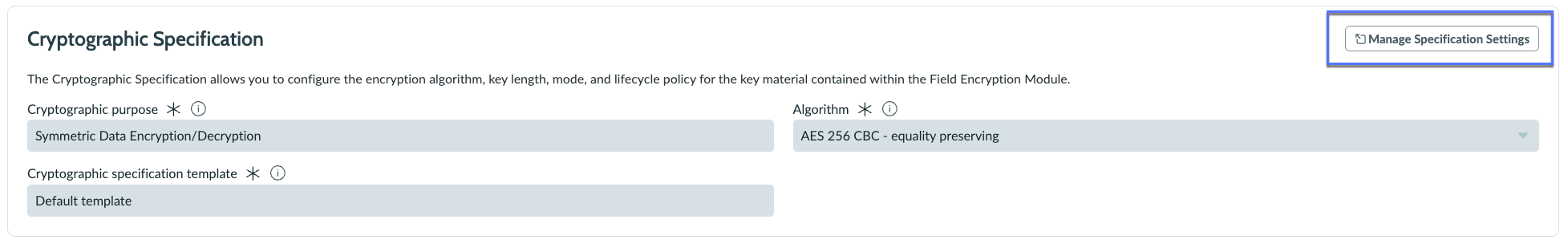 Manage Specification Settings button.