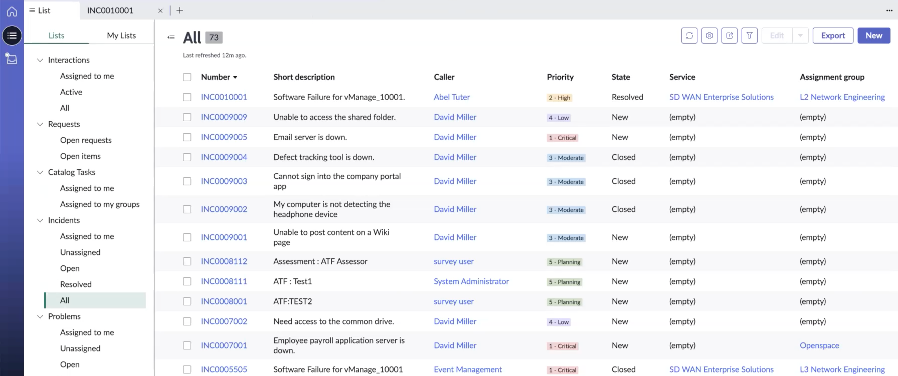 List view of all incidents, and tasks, and planned incidents.