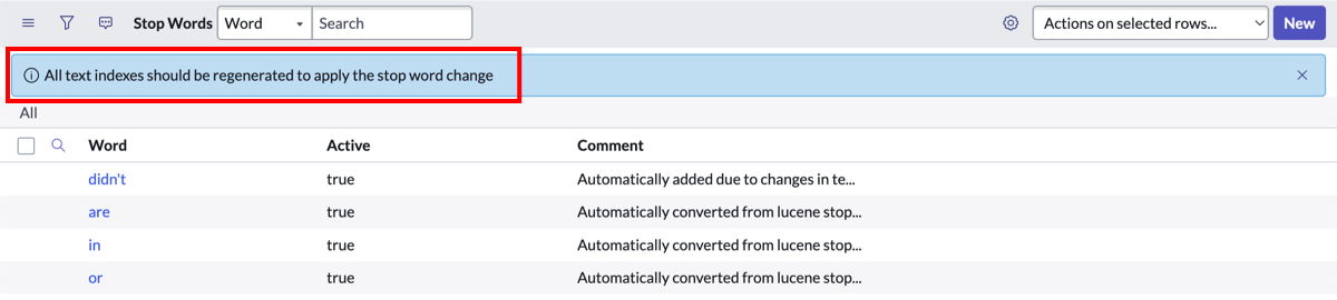 Notification pour régénérer tous les index après la suppression d’un mot vide.