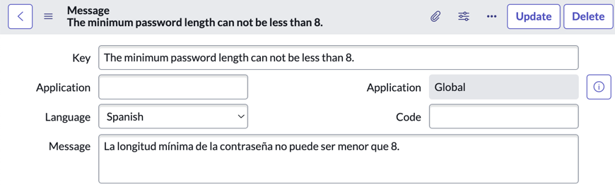 Un formulaire de message avec une clé de message traduit en espagnol.