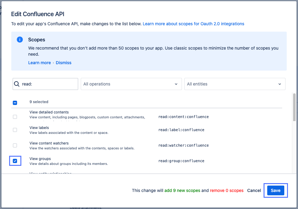 Bouton Enregistrer dans Atlassian Boîte de dialogue Modifier l’API Confluence de la console de développeur.