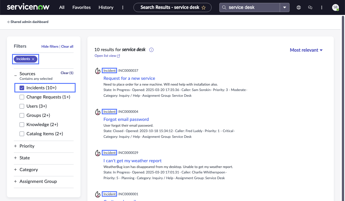 Détails de la page des résultats de recherche globale avec l’option de catégorie de facette de source d’incident sélectionnée, affichant uniquement les résultats de recherche d’incident.