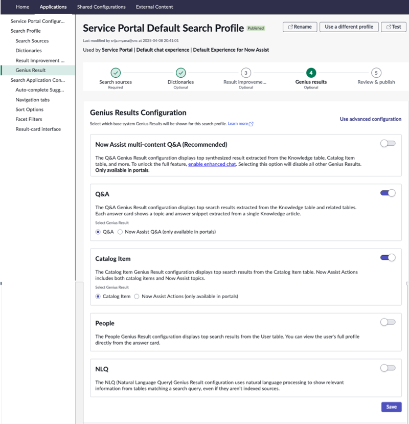 Recherche IA Vue des résultats Genius de la console d’administration dans la configuration de base.