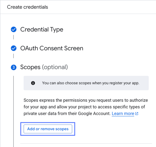 Ajoutez ou supprimez des champs d’application dans la section Champs d’application du formulaire Créer des informations d’identification.