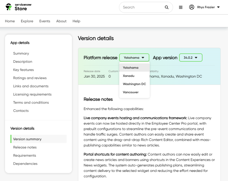 Détails de version d’une page de détails de liste d’applications, affichant les options disponibles dans le menu déroulant Version de la plateforme.