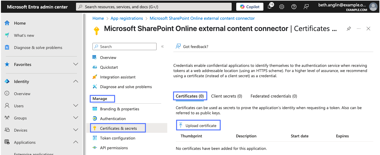 Page Certificats et secrets de l’application affichant le lien Charger le certificat.