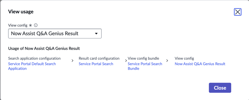 Afficher la boîte de dialogue Utilisation dans le Recherche IA Console d’administration, où vous pouvez consulter les détails de la configuration de la vue.