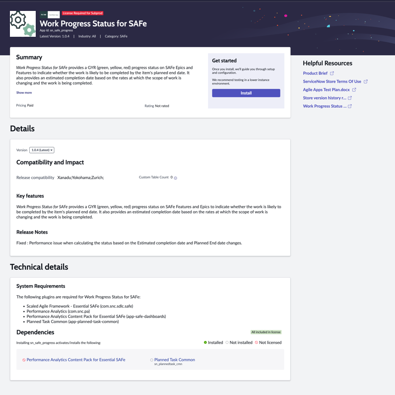 Page détaillée du gestionnaire d’applications présentant les dépendances sans licence et un indicateur d’état d’application « Licence requise pour la sous-production ».