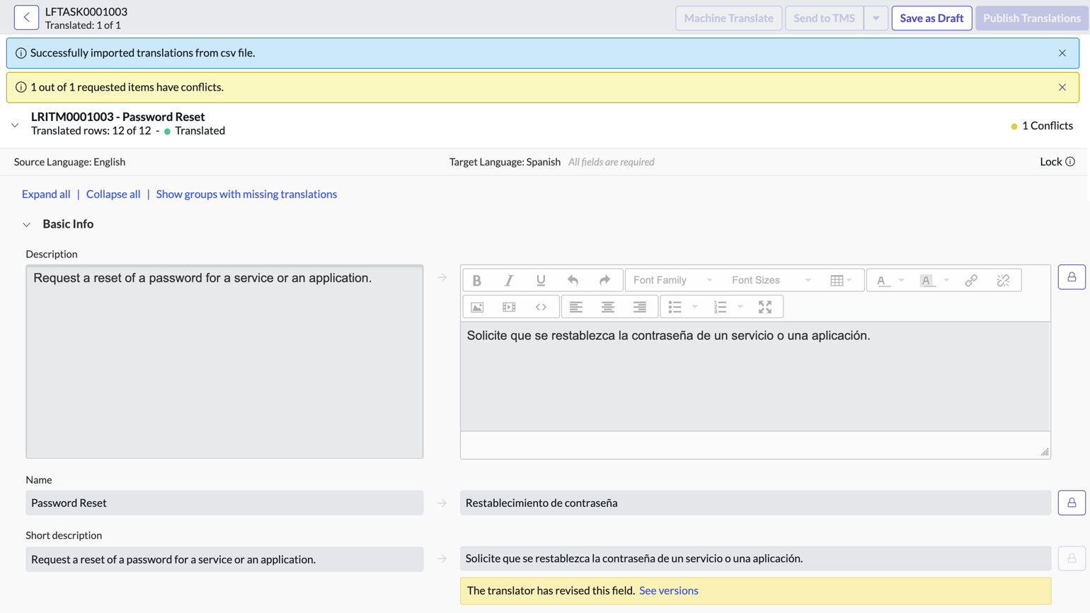 Conflit de fusion lors de l’importation de traductions.
