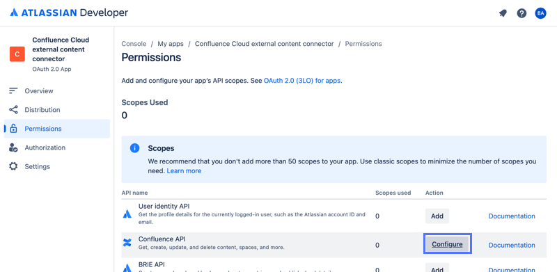 Configurer le bouton API Confluence sur Atlassian Console des autorisations.