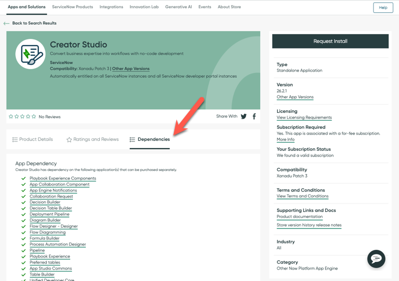ServiceNow Store listing for Creator Studio avec une flèche rouge pointant vers l’onglet Dépendances.