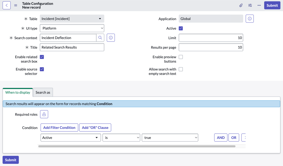 Formulaire de configuration de table lorsque le type d’interface utilisateur est plateforme