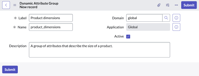 Ajoutez un groupe d’attributs dynamique appelé Dimensions de produit qui capture la taille des produits.