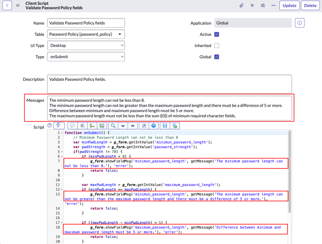 Un formulaire de script client avec des chaînes de clé de message dans le champ Messages et des appels getMessage dans le champ de script.