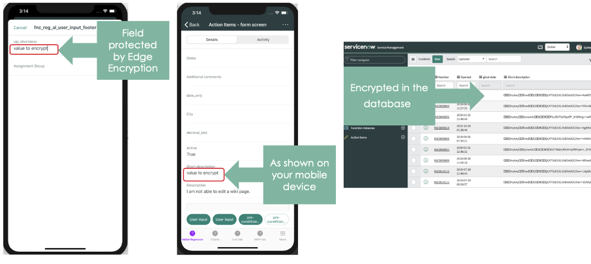 Edge Encryption によって保護されたフィールドの値がモバイルデバイスとデータベースでどのように表示されるか