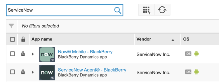 BlackBerry UEM 利用可能なアプリのリスト