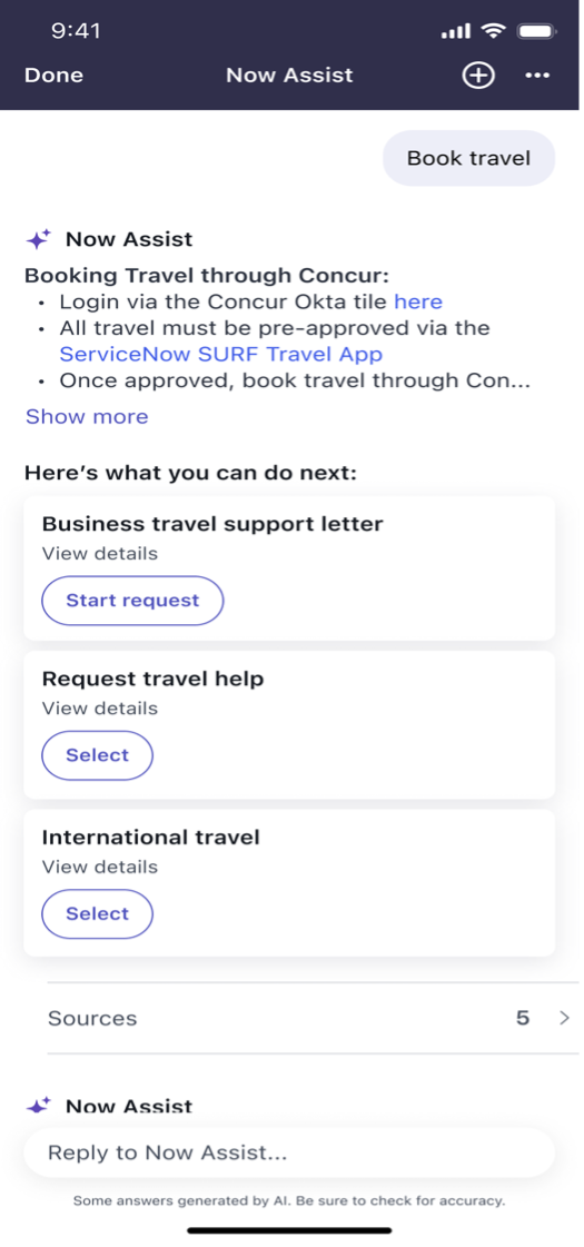 出張予約に関する会社のポリシーを要約した Now Assist