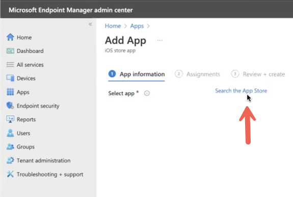 Microsoft エンドポイントマネージャーアドミンセンター (App Store で ServiceNow モバイルアプリを検索する方法を示す)。