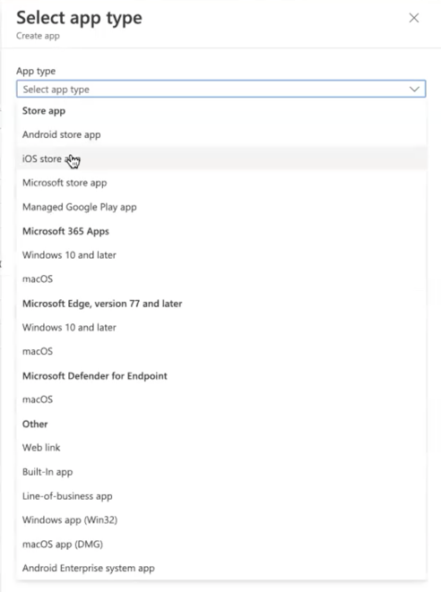 アプリタイプを選択する場所を示す Microsoft エンドポイントマネージャーアドミンセンター。
