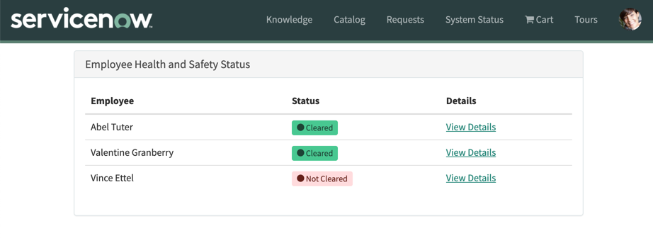 User view of health and safety status for their direct reports.