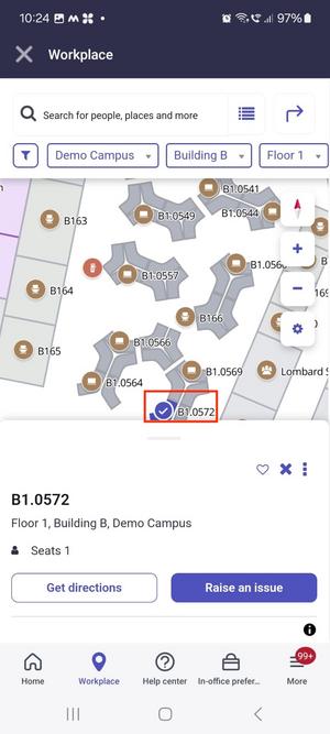 Location directory option on the mobile showing selected workspace on the map.