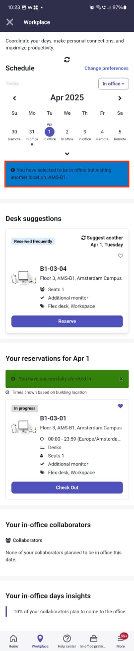 Calendar shows visiting another office message for a selected day.