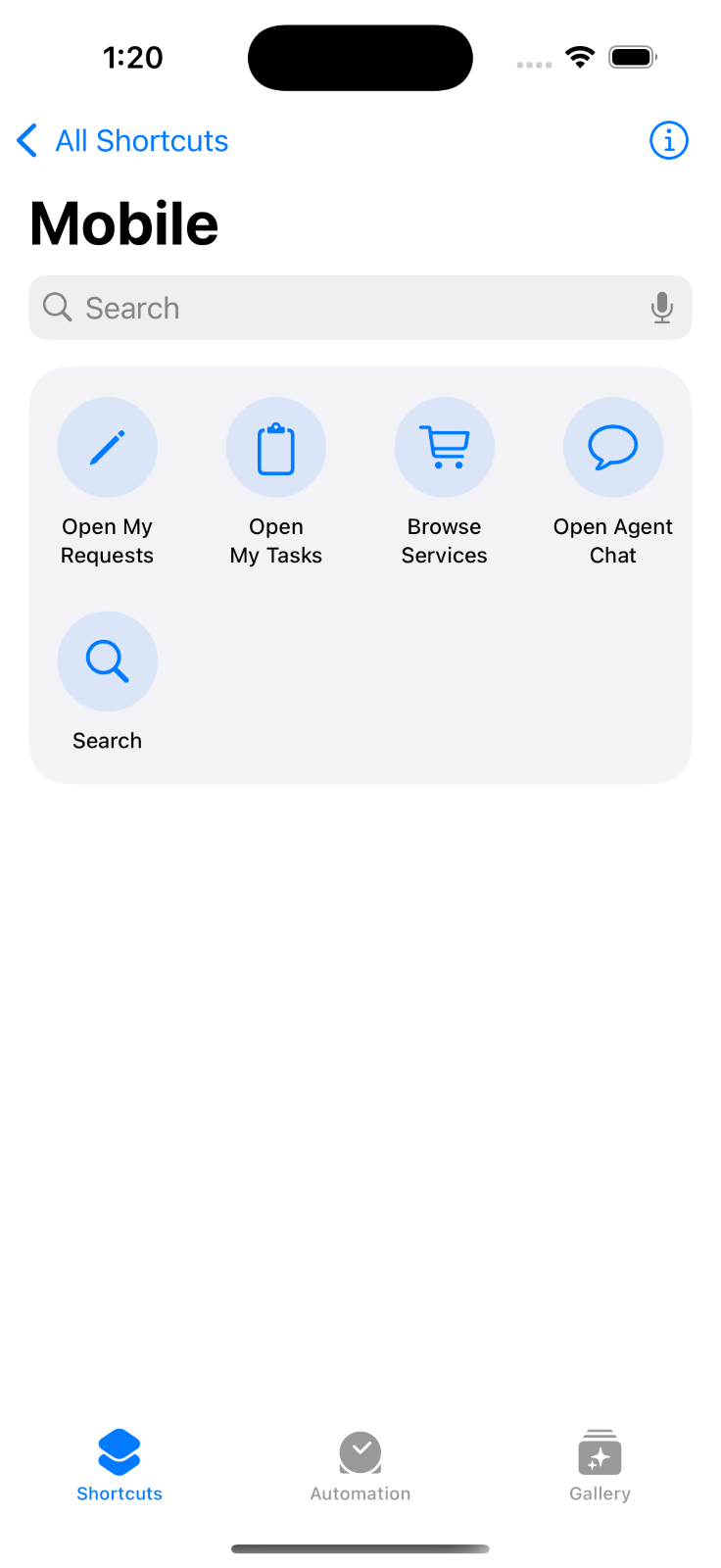 Mobile UI of Siri shortcuts displaying different feature tiles.