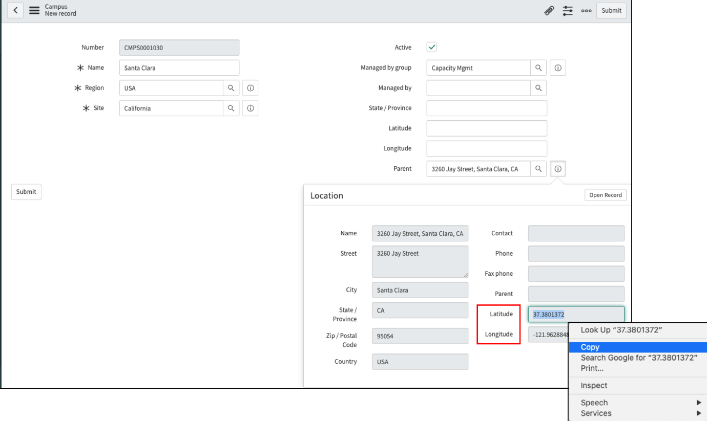 With a parent location selected, open the location preview and copy the latitude and longitude values to the campus record.