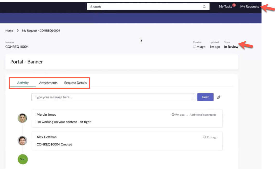The content requester can track the request status from the My Request tab