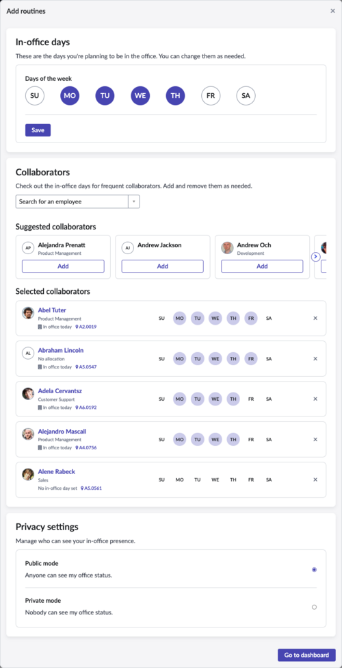 Add routines window showing the in-office days set, added collaborators, and privacy settings.