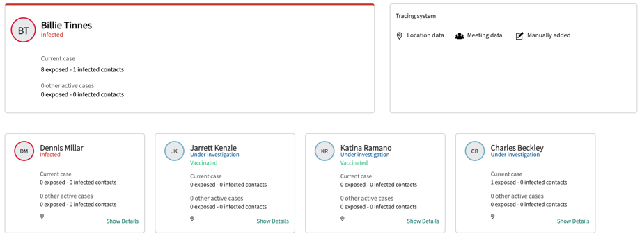 Contact tracing visualization area with examples of vaccinated contacts.