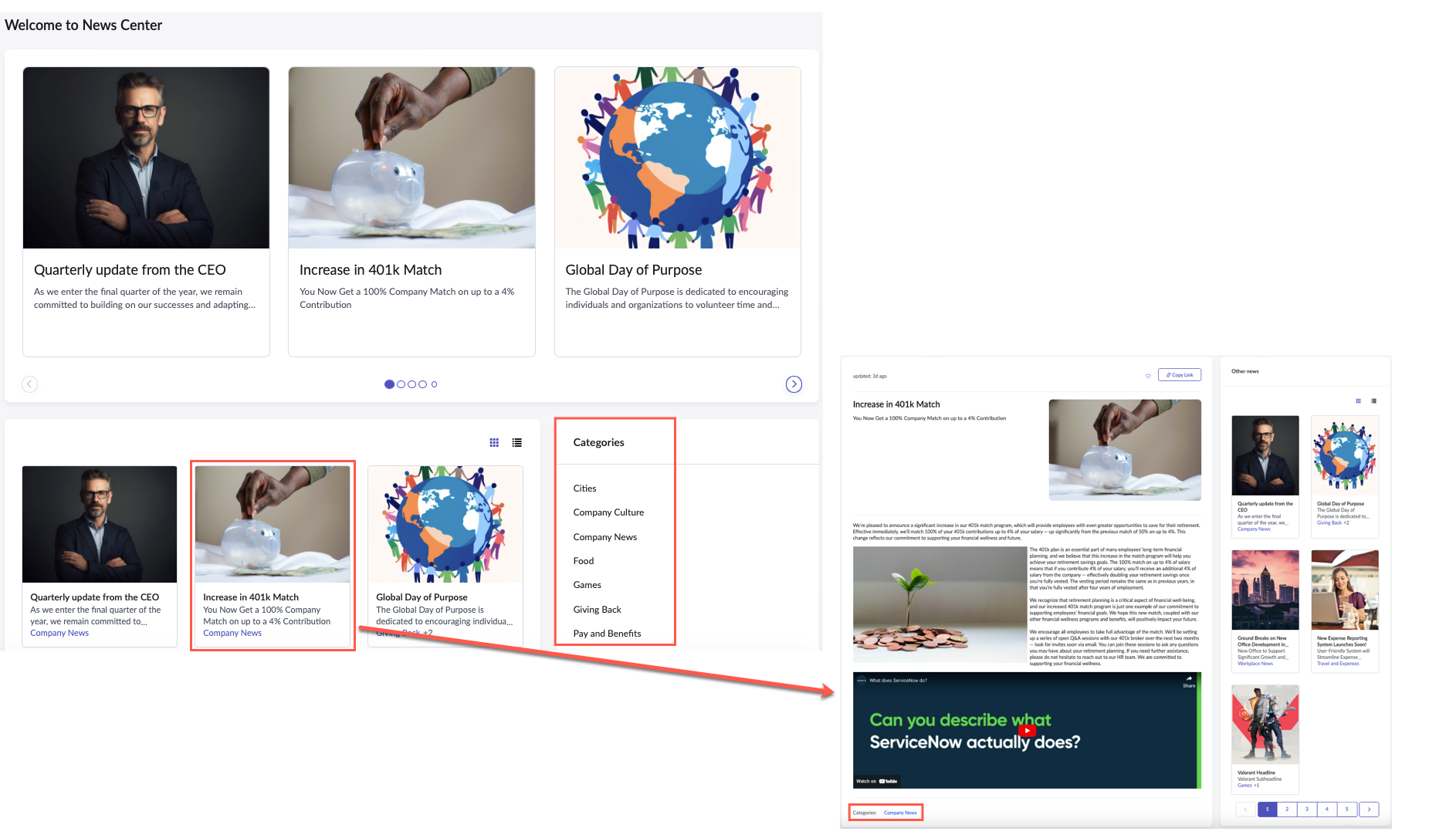 News articles display their associated category