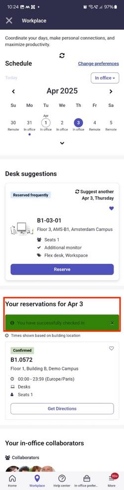 Message showing successful reservation check in.
